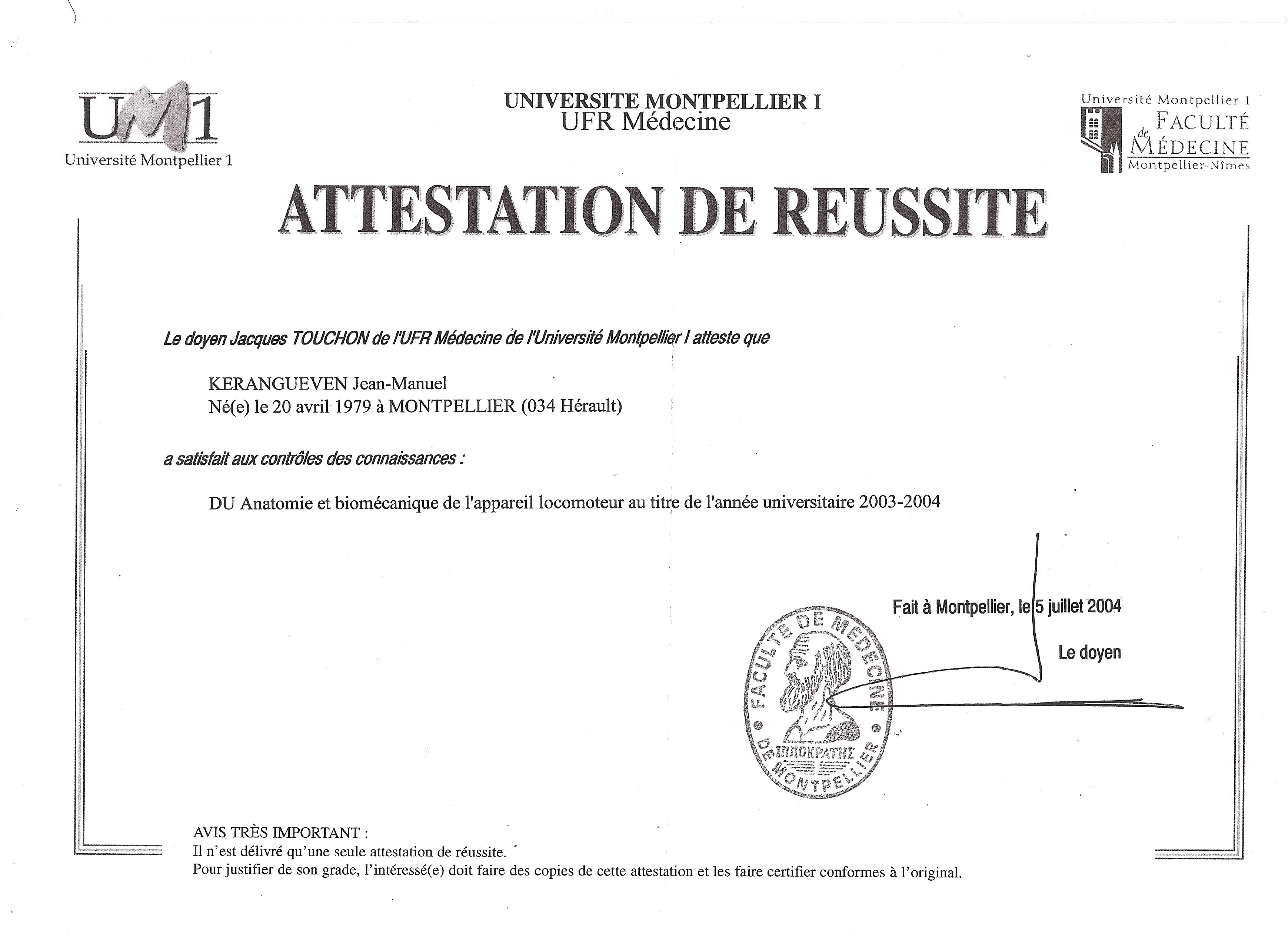 Jean Manuel Kerangueven Osteopathe Attestation De Réussite Cabinet D